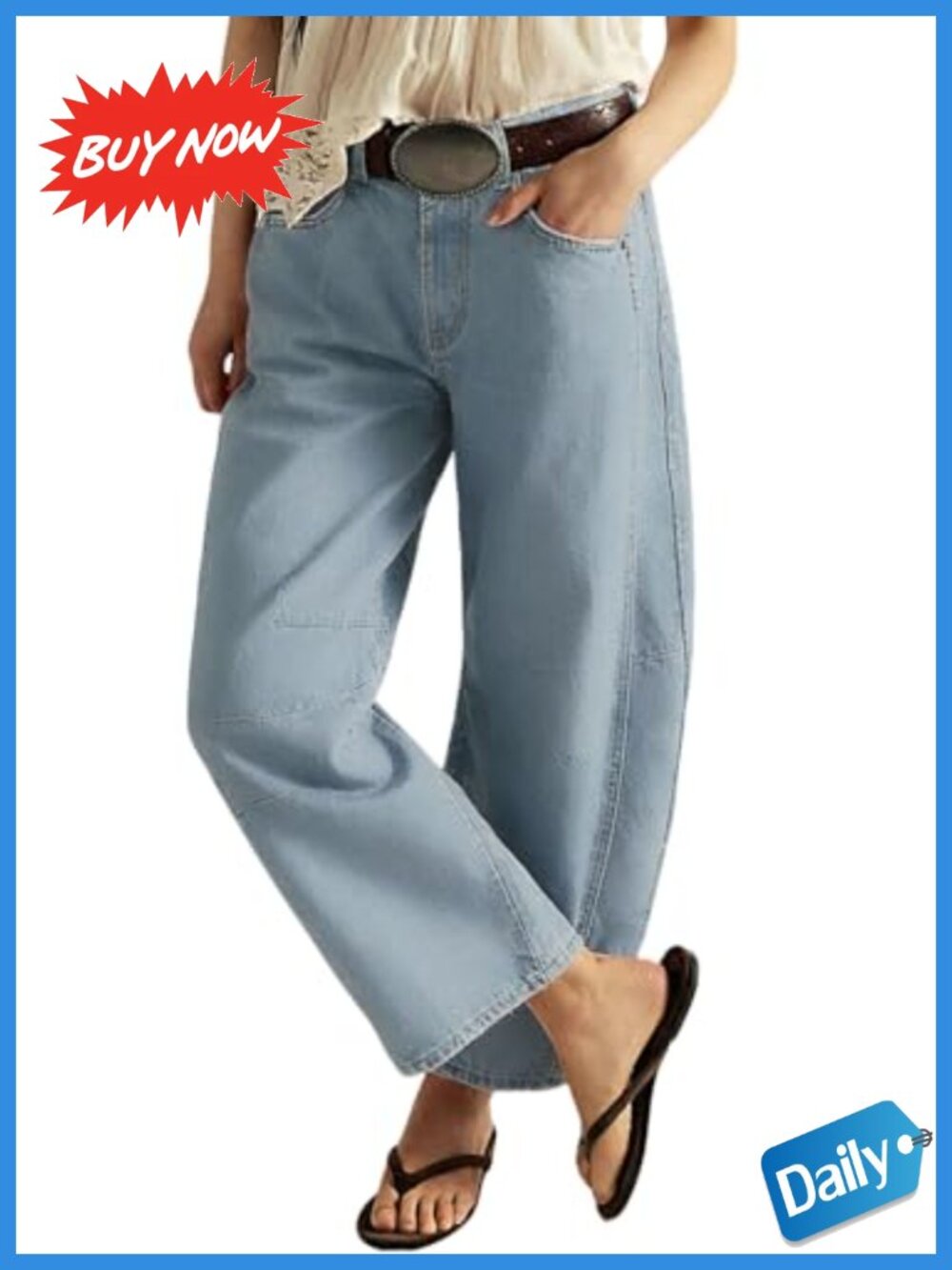 Women Casual Wide Leg Mid Rise Barrel Jeans Stretch Cotton Ankle Pants